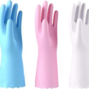 3 Pack Reusable Cleaning Gloves Latex Free, Dishwashing Gloves with Cotton Flock Liner and Emed Palm, Waterproof Household Gloves for Laundry, Gardening (Medium)