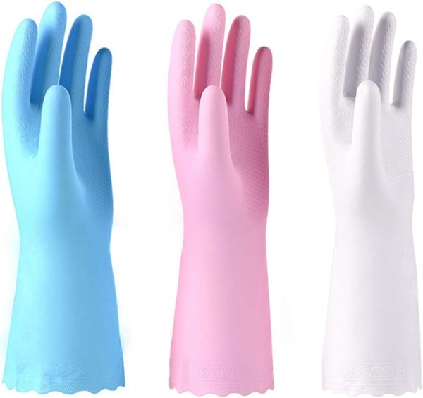 3 Pack Reusable Cleaning Gloves Latex Free, Dishwashing Gloves with Cotton Flock Liner and Emed Palm, Waterproof Household Gloves for Laundry, Gardening (Medium)
