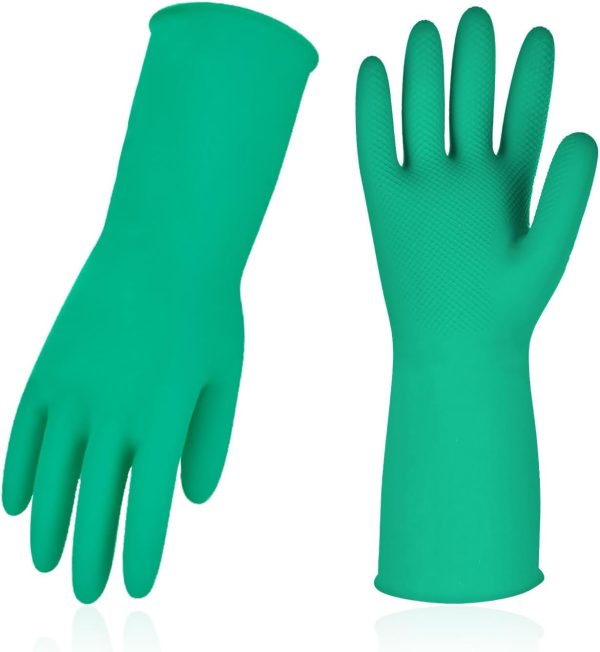 1-Pair Reusable Household Gloves, Rubber Dishwashing gloves, Extra Thickness, Long Sleeves, Kitchen Cleaning, Working, Painting, Gardening, Pet Care (Size M, Green, )