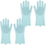 2 Pairs of BPA FREE Silicone Dishwashing Gloves for Kitchen Silicone Scrubbing Gloves Soft Bristles Cleaning Pet Care Washing Reusable Non-Slip & Heat Resistant