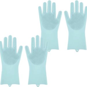 2 Pairs of BPA FREE Silicone Dishwashing Gloves for Kitchen Silicone Scrubbing Gloves Soft Bristles Cleaning Pet Care Washing Reusable Non-Slip & Heat Resistant
