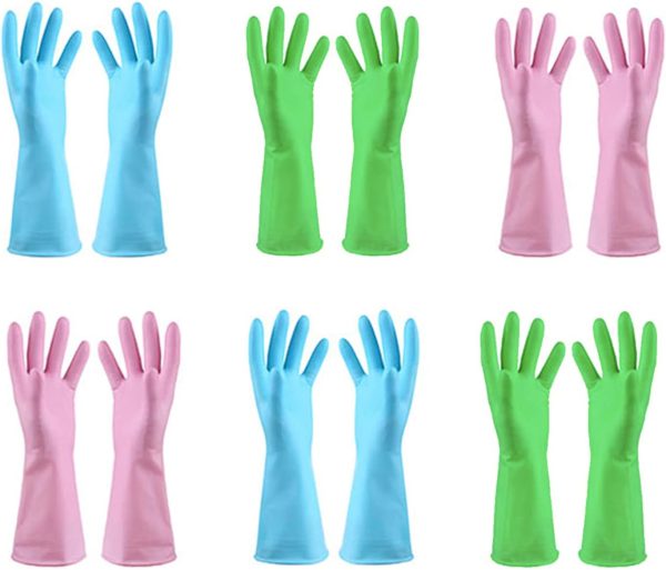 Reusable Household Gloves - Waterproof Rubber Latex Cleaning Laundry Gloves Dishwashing Gloves for Kitchen Dish Washing Laundry Cleaning (6L Color Random)