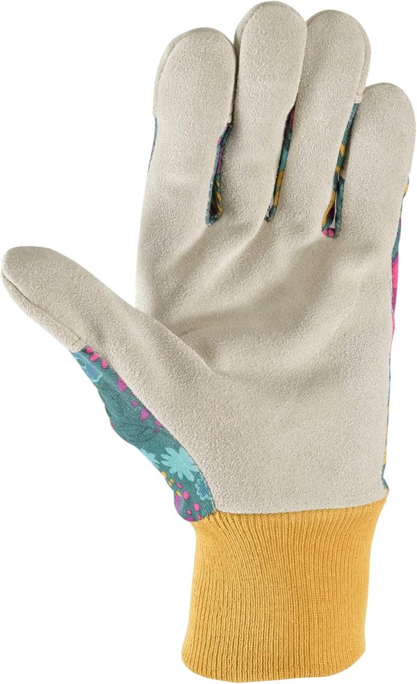 Women's Botanical Print Leather Palm Work and Gardening Gloves, Medium