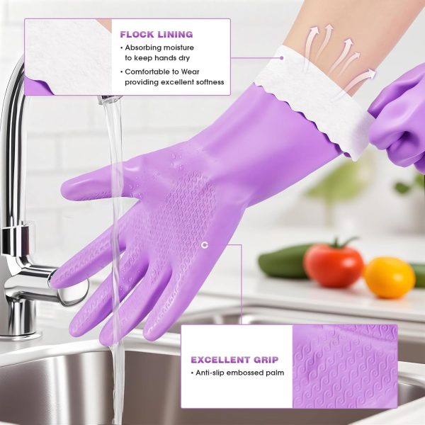 Reusable Dishwashing Cleaning Gloves with Latex free, Cotton lining,Kitchen Gloves 2 Pairs,Purple+blue Medium