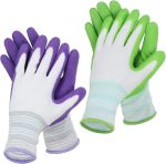 2 Pairs Gardening Gloves, Breathable Latex Coated Work Gloves for Women and Men Non-Slip Grip for Outdoor Yard and Garden Tasks Green Purple One Size