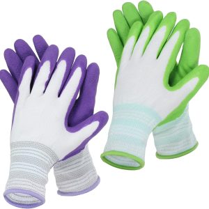2 Pairs Gardening Gloves, Breathable Latex Coated Work Gloves for Women and Men Non-Slip Grip for Outdoor Yard and Garden Tasks Green Purple One Size