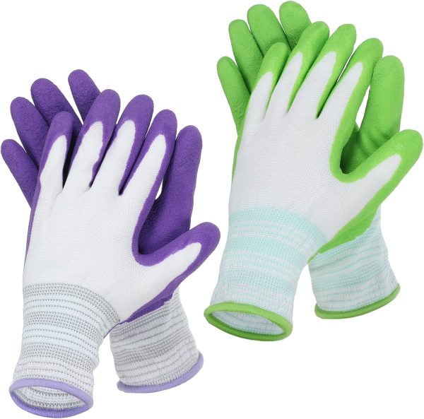 2 Pairs Gardening Gloves, Breathable Latex Coated Work Gloves for Women and Men Non-Slip Grip for Outdoor Yard and Garden Tasks Green Purple One Size