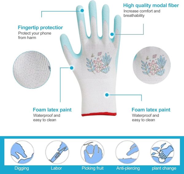 Small Gardening Gloves for Women, 6 Pairs Garden Gloves, Latex Coated Womens Garden Gloves, Pink,Green,Blue