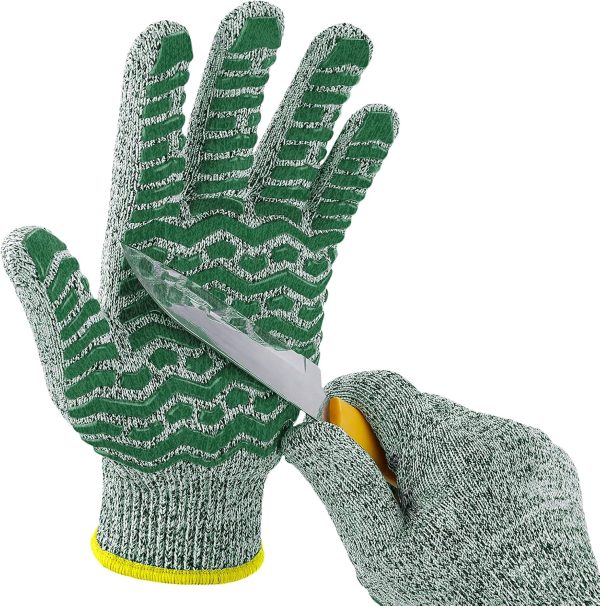 Cut Resistant Gloves, 100% Food Contact Safe, CE Level 5 Premium Protective Cutting Gloves, food-grade silicone grip for kitchen, mandolin, shucking oysters, whittling, gardening, Green, L