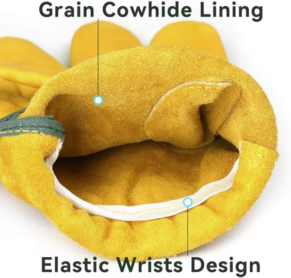 Leather Work Gloves Flex Grip Tough Cowhide Gardening Glove for Wood Cutting/Construction/Truck Driving/Garden/Yard Working for Men and Women 1 Pair (Gold,Small)