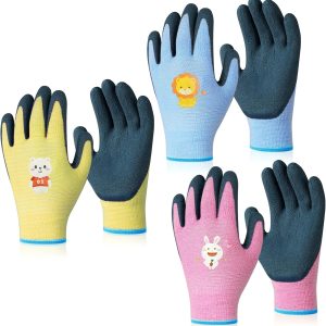 3 Pairs Kids Gardening Gloves Thorn Proof, Soft Rubber Coated Kids Work Gloves with Grippy Gardening Gift