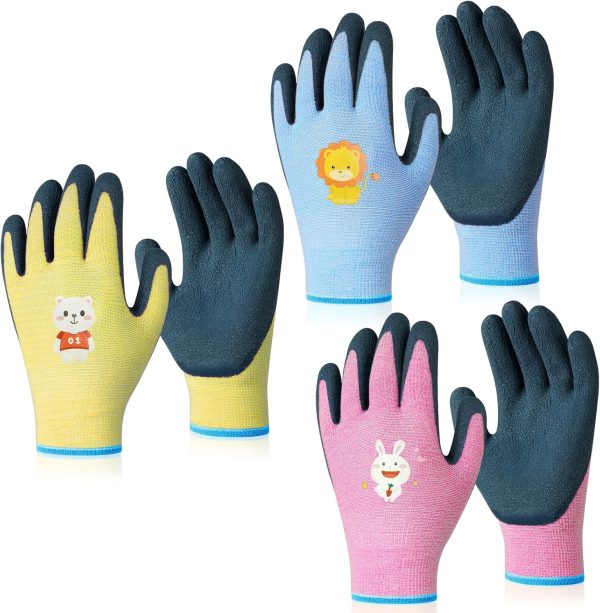 3 Pairs Kids Gardening Gloves Thorn Proof, Soft Rubber Coated Kids Work Gloves with Grippy Gardening Gift