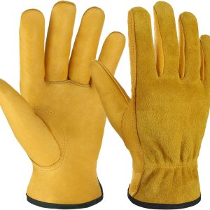 Leather Work Gloves Flex Grip Tough Cowhide Gardening Glove for Wood Cutting/Construction/Truck Driving/Garden/Yard Working for Men and Women 1 Pair (Gold,Small)