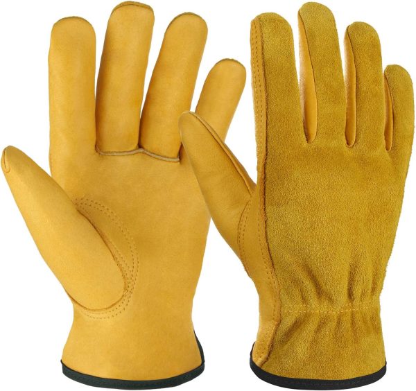 Leather Work Gloves Flex Grip Tough Cowhide Gardening Glove for Wood Cutting/Construction/Truck Driving/Garden/Yard Working for Men and Women 1 Pair (Gold,Small)