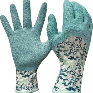 Long Cuff Stretch Knit Garden Gloves with Full Finger Latex Coating | Color: Greenery Pattern | Size: Small