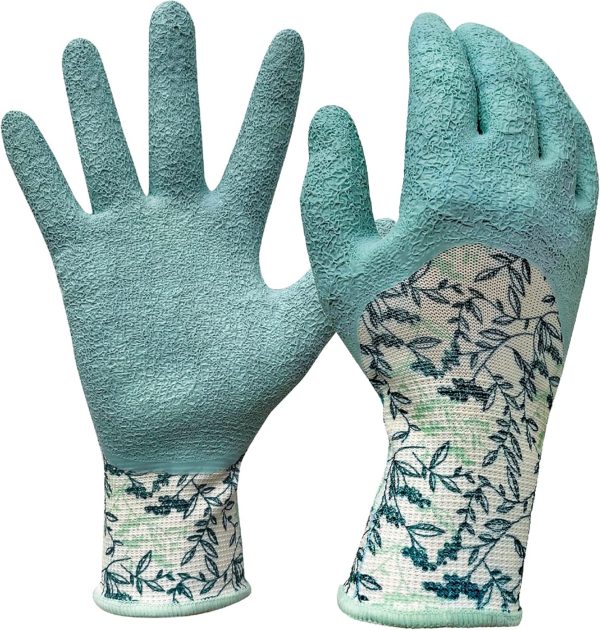 Long Cuff Stretch Knit Garden Gloves with Full Finger Latex Coating | Color: Greenery Pattern | Size: Small