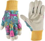 Women's Botanical Print Leather Palm Work and Gardening Gloves, Medium