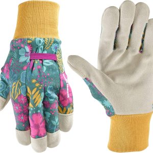 Women's Botanical Print Leather Palm Work and Gardening Gloves, Medium