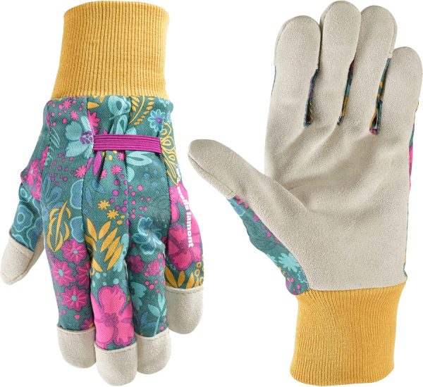 Women's Botanical Print Leather Palm Work and Gardening Gloves, Medium
